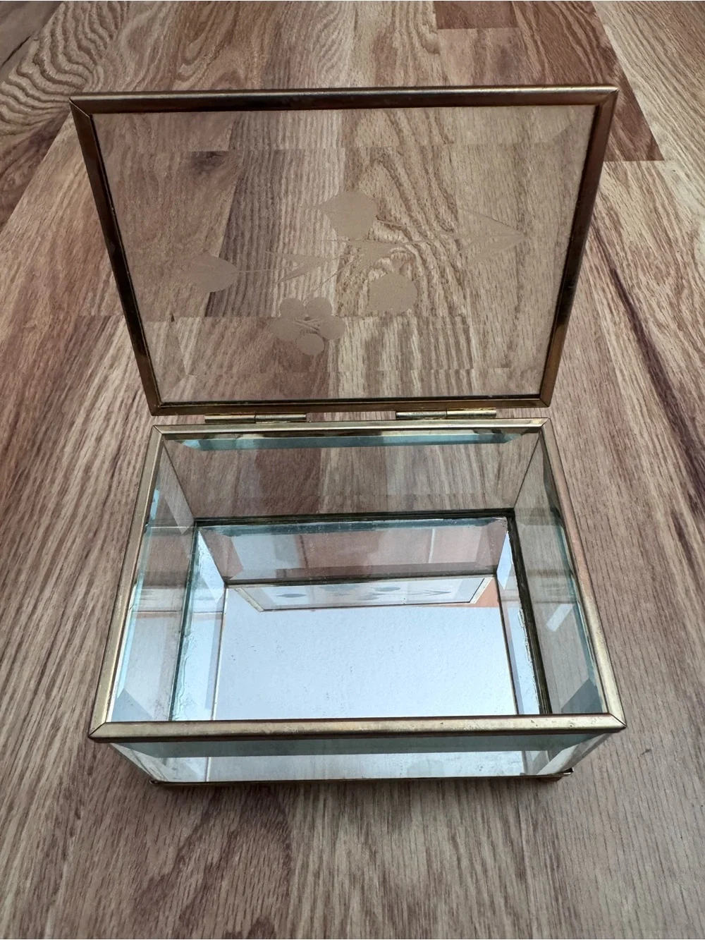 Vintage Crystal Glass Jewelry Box with Etched Flower Design and Brass Trim